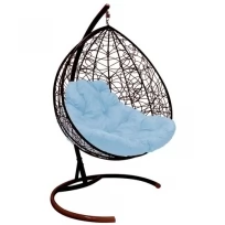 Подвесное кресло M-GROUP для двоихс ротангом коричневое, голубая подушка
